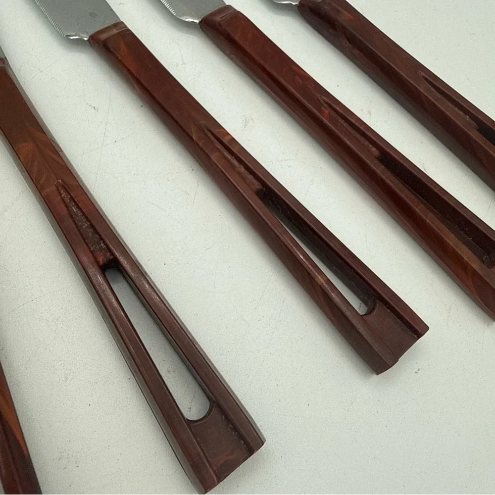 6 VTG Stanley Deluxe Stanhome Steak Knives Catalina Lucite Cut Out Handle MCM